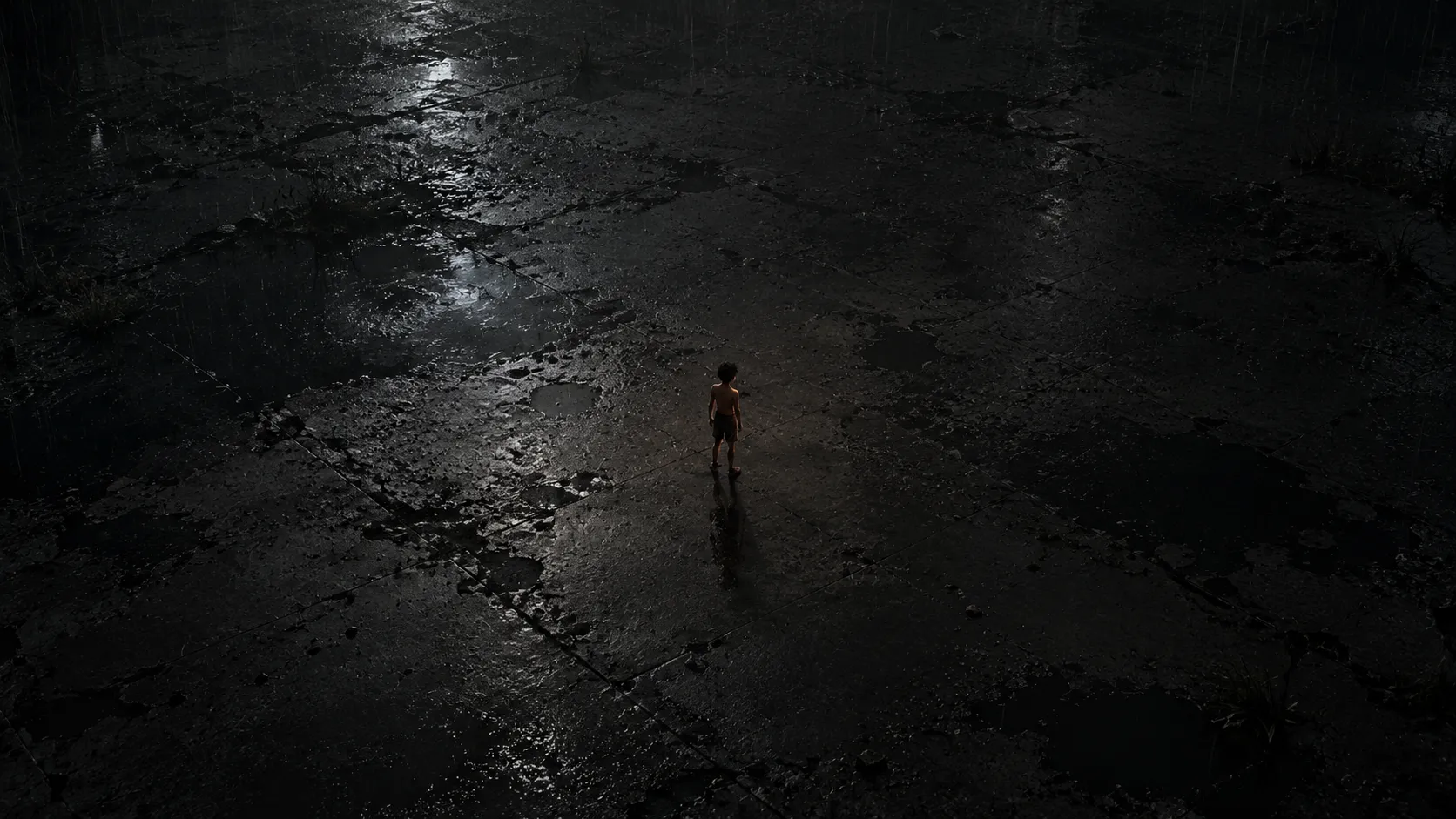 A lone boy standing on rain-soaked concrete at night